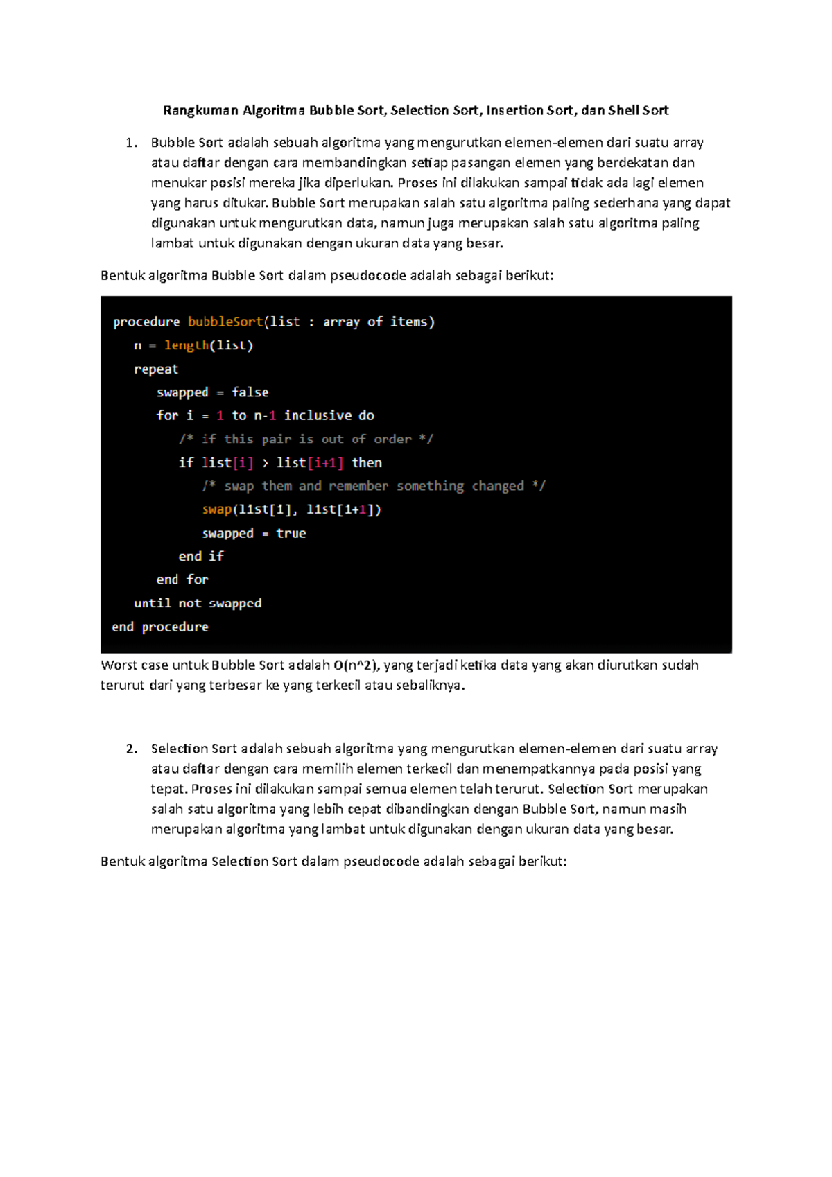 Rangkuman Algoritma Bubble Sort, Selection Sort, Insertion Sort, dan ...