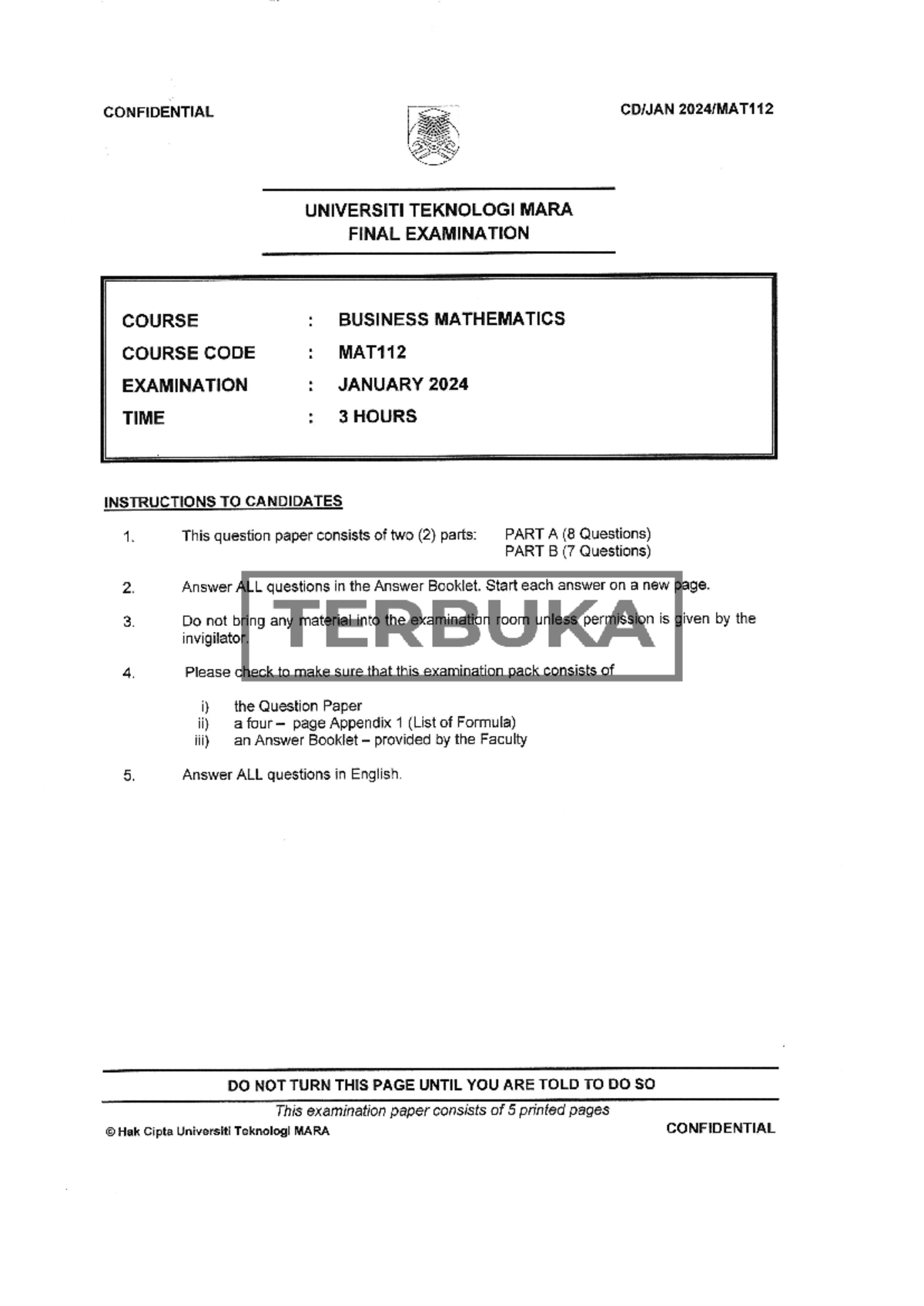 Final Exam MAT112 - Business Mathematics January 2024 Past Paper - Studocu