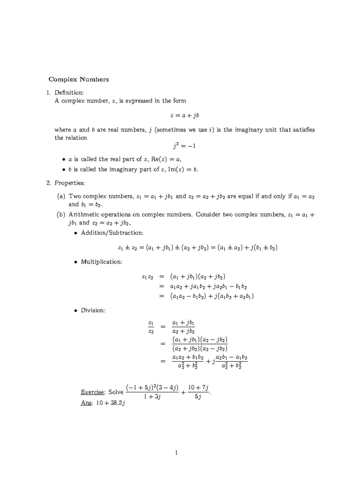 Complex Numbers: Definitions, Properties, and Exercises (MA1301) - Studocu