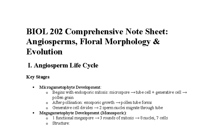 BIOL 202 Final Exam Notes: Angiosperms & Floral Morphology - Studocu