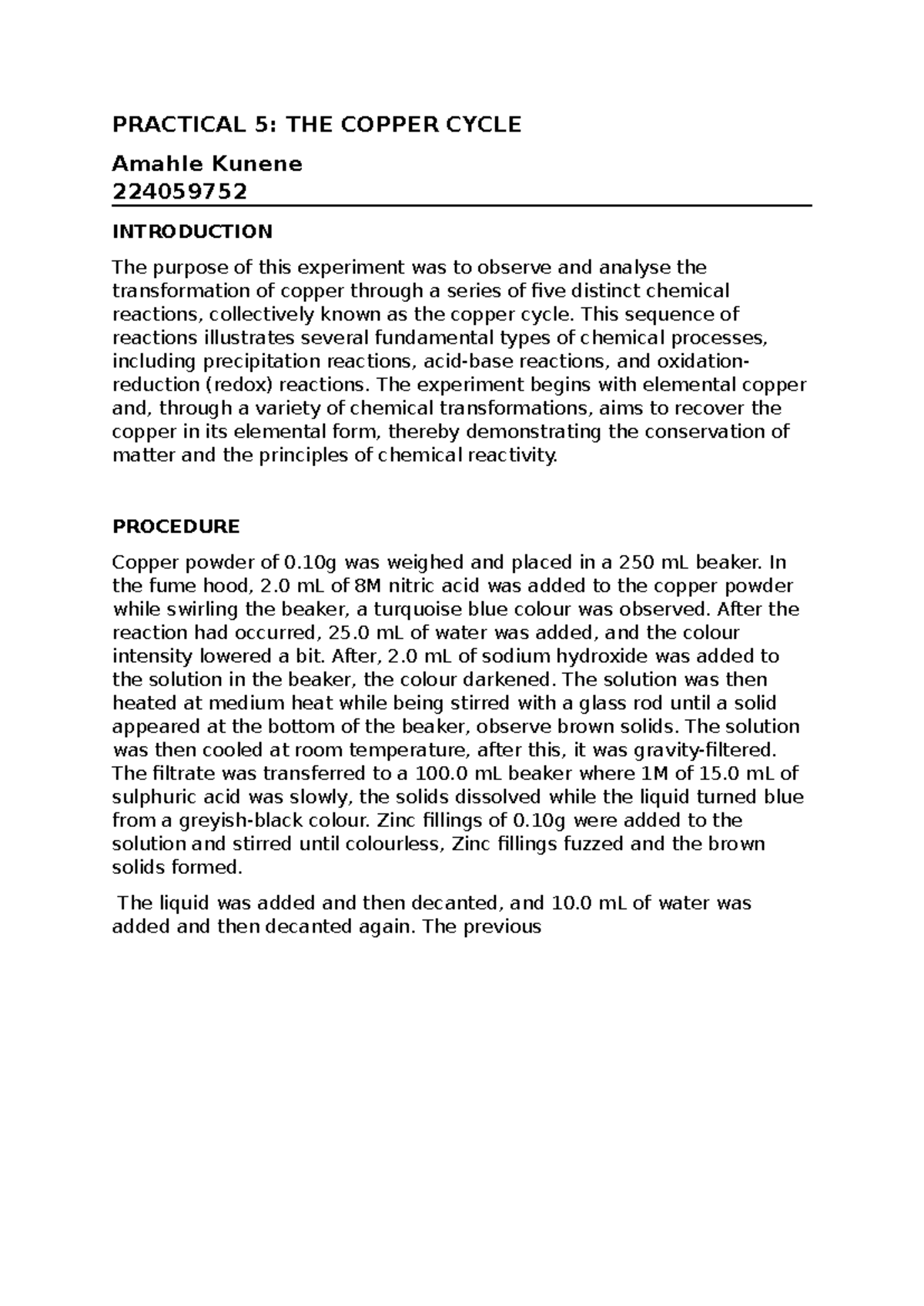 Practical 5: The Copper Cycle Experiment - CHEM210 - Studocu