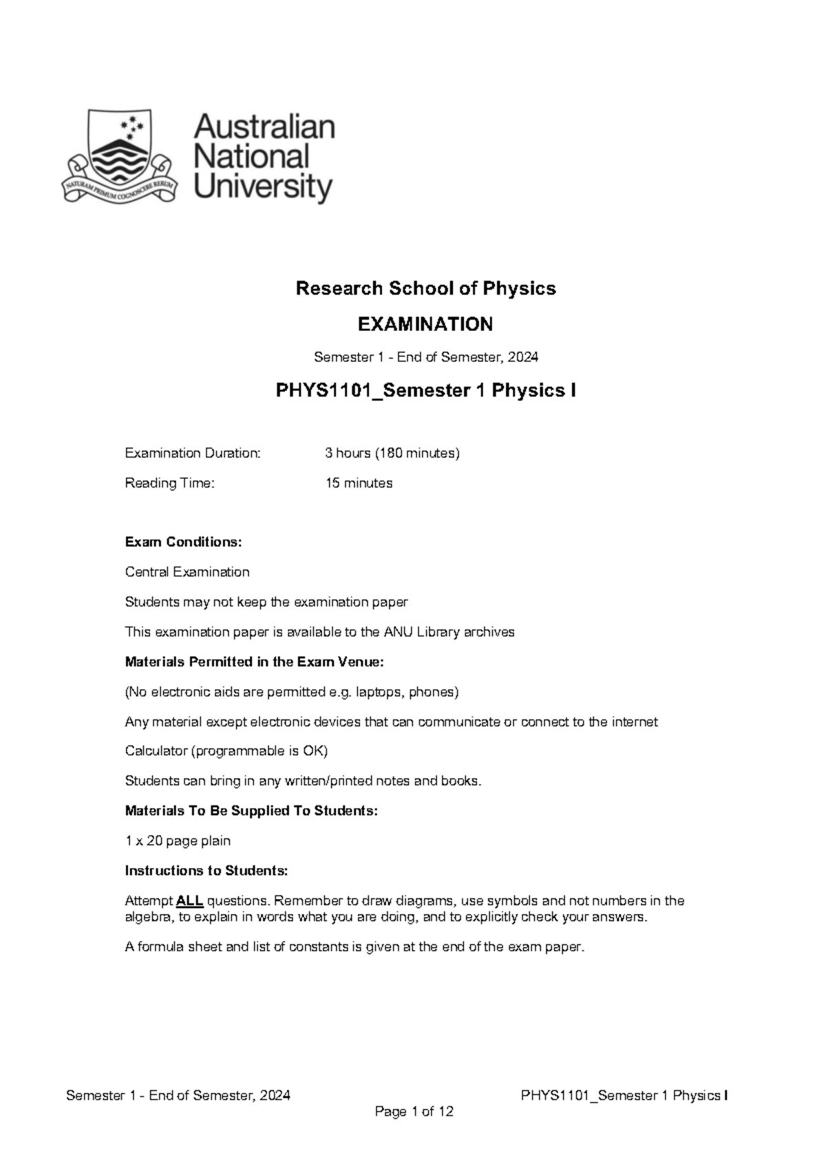 PHYS1101_Semester 1 Final Exam 2021: Physics I Past Exam Questions ...
