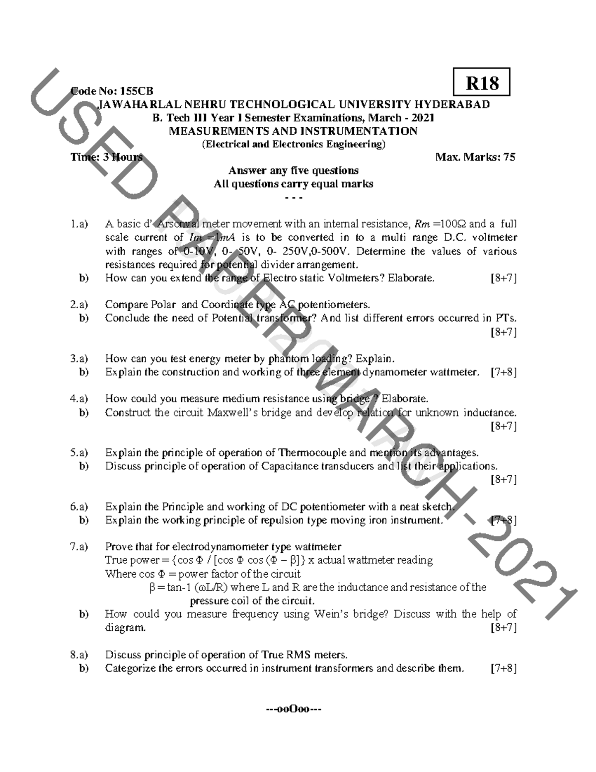 R18 D SE U Code No: 155CB B.Tech 1st Sem Exam March 2021 - Measurements ...