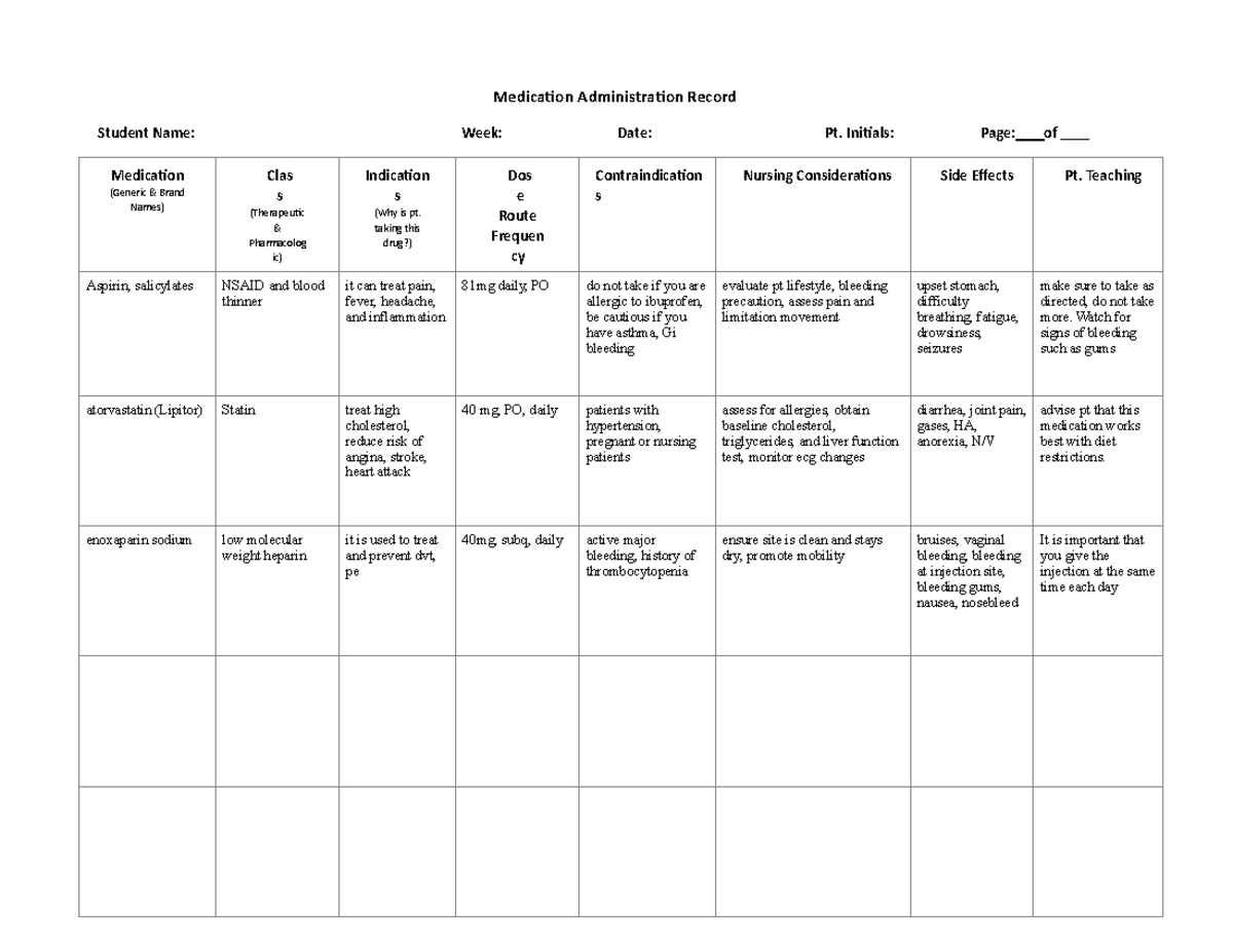 Medication Administration Record - MAR Notes for Class - Studocu