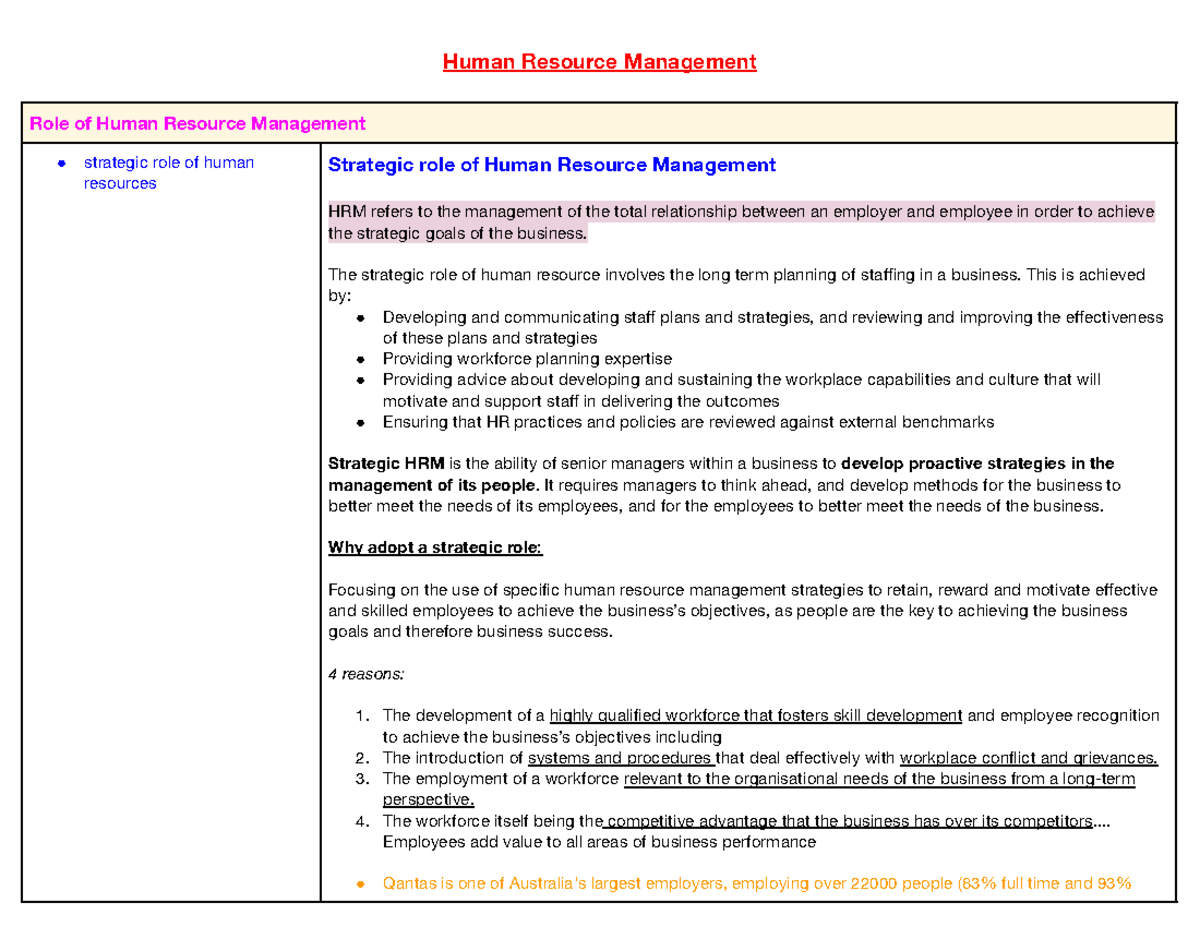 ALL HRM Notes - With Qantas - Human Resource Management Role of Human ...