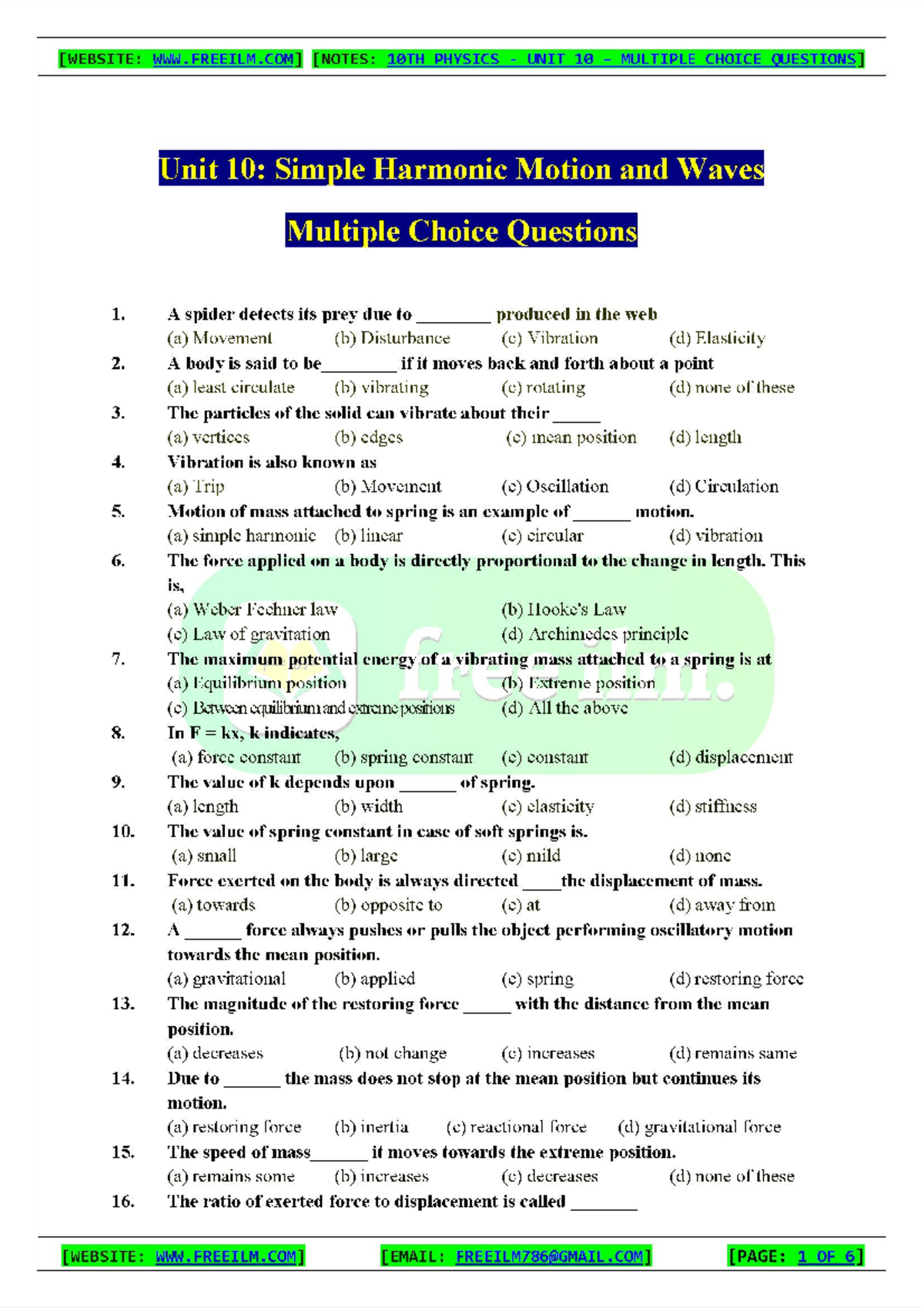 10TH PHYSICS UNIT 10 MCQS: SIMPLE HARMONIC MOTION & WAVES - Studocu