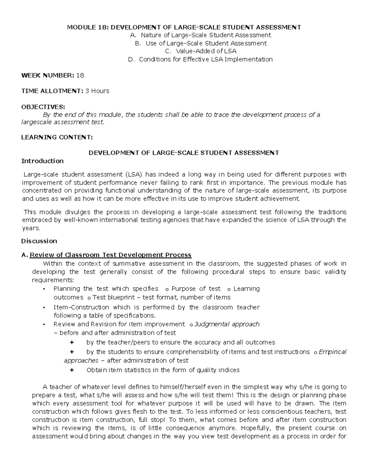EDUC 107a Final Module 18: Development of Large-Scale Assessment - Studocu