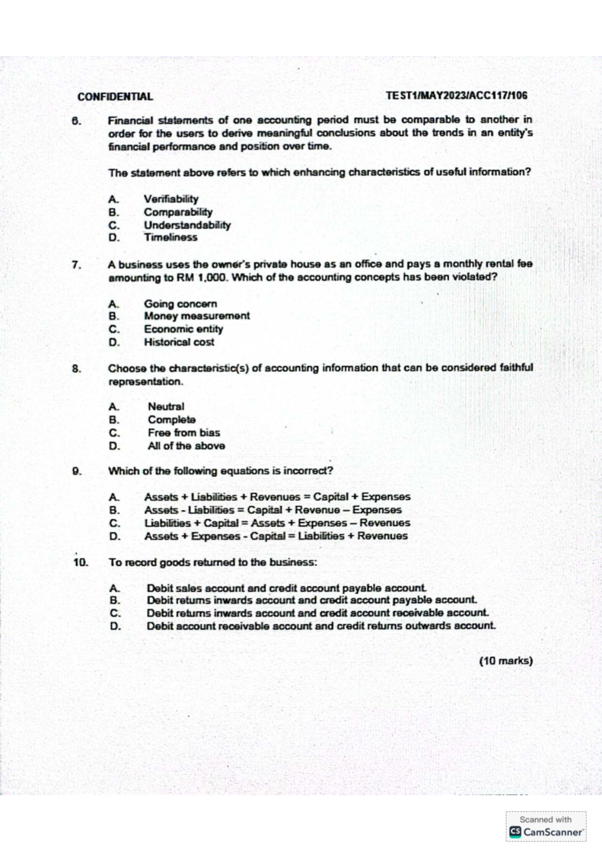 ACC117 TEST1 MAY2023: Financial Statements & Accounting Concepts - Studocu