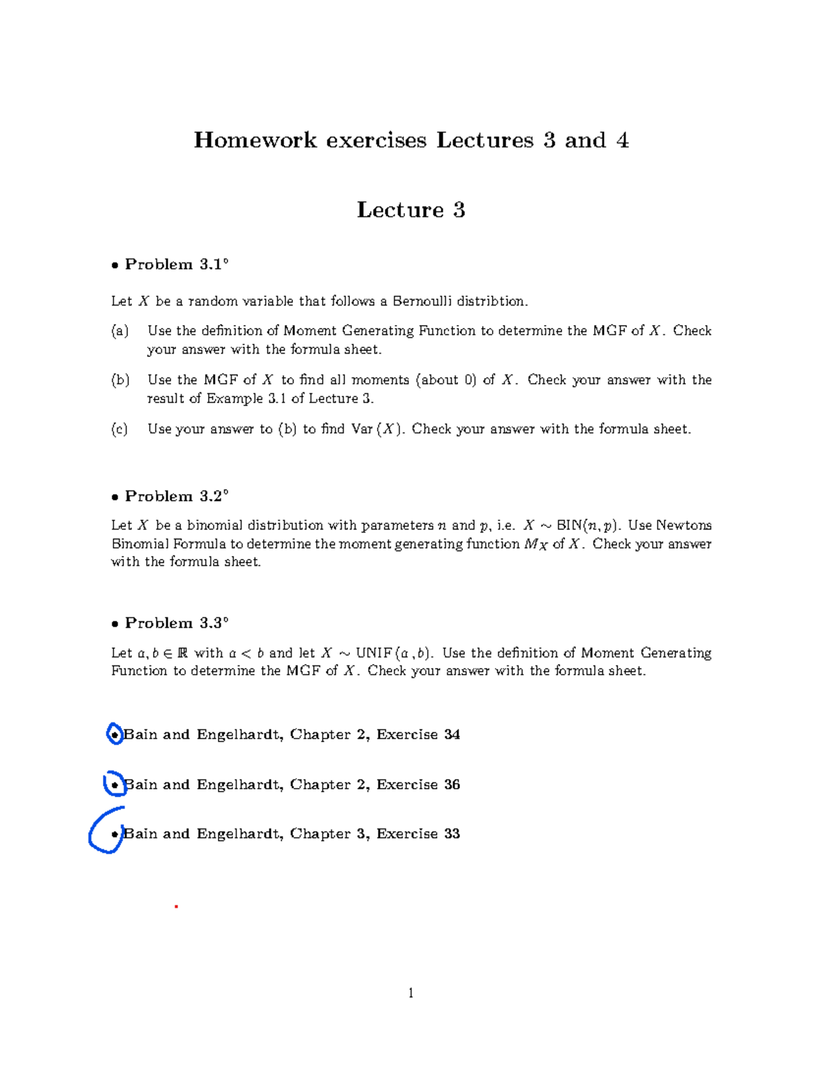 Homework Problems for Lectures 3 & 4 - MGF & Distributions - Studeersnel