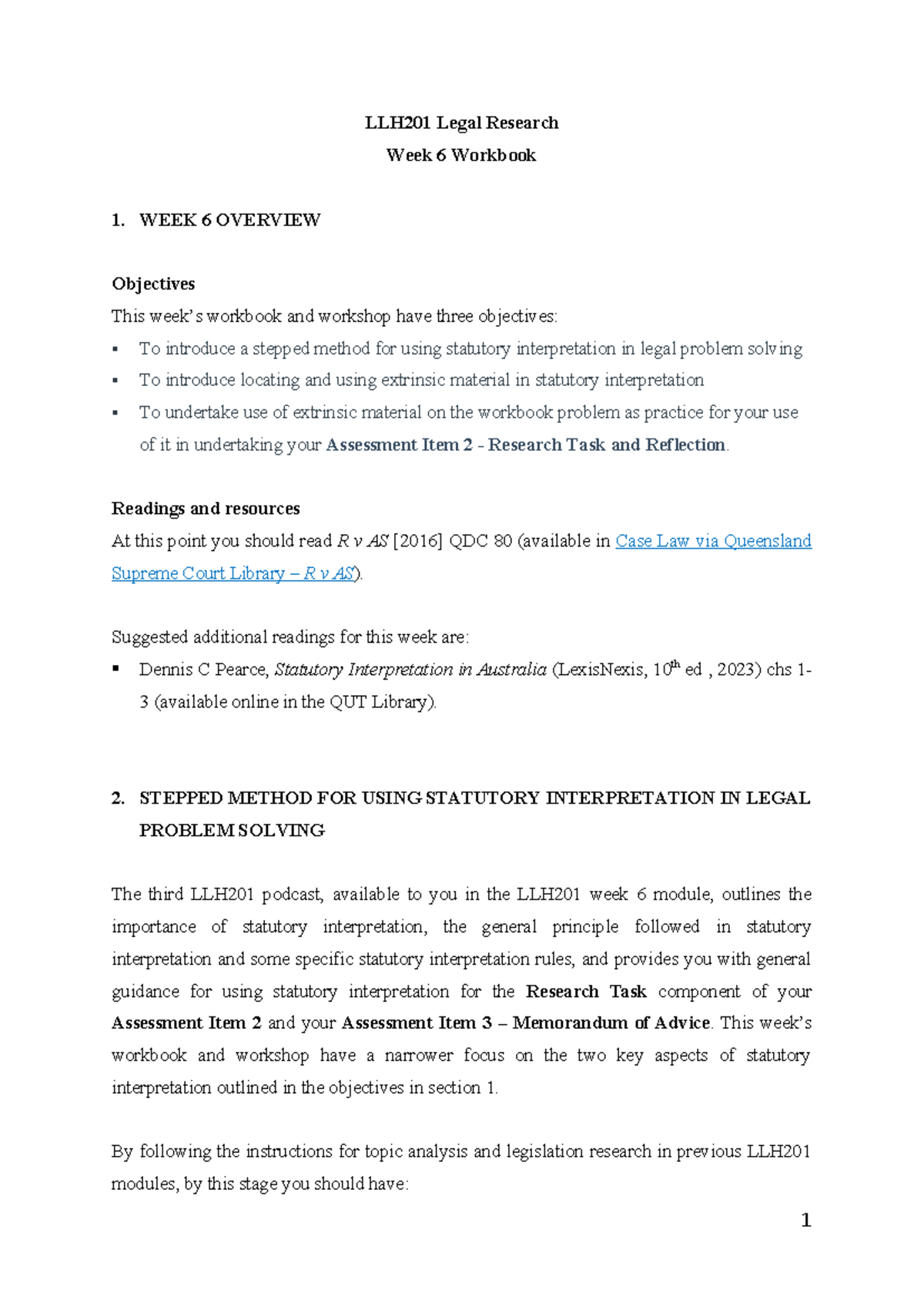 LLH201 Legal research week 6 workbook and statutory interpretation ...