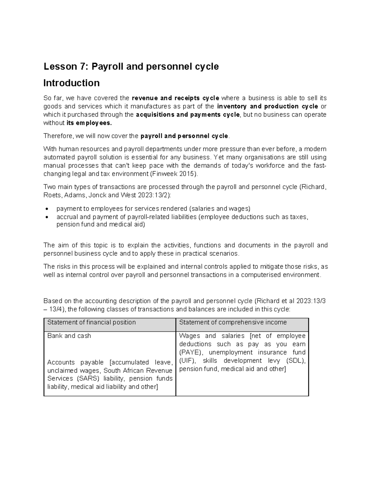 AUE2602 Lesson 7: Payroll and Personnel Cycle Overview - Studocu