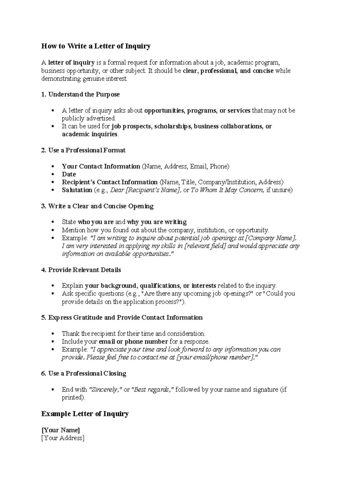 Letter of Inquiry Writing Guide: Tips & Format - Studocu