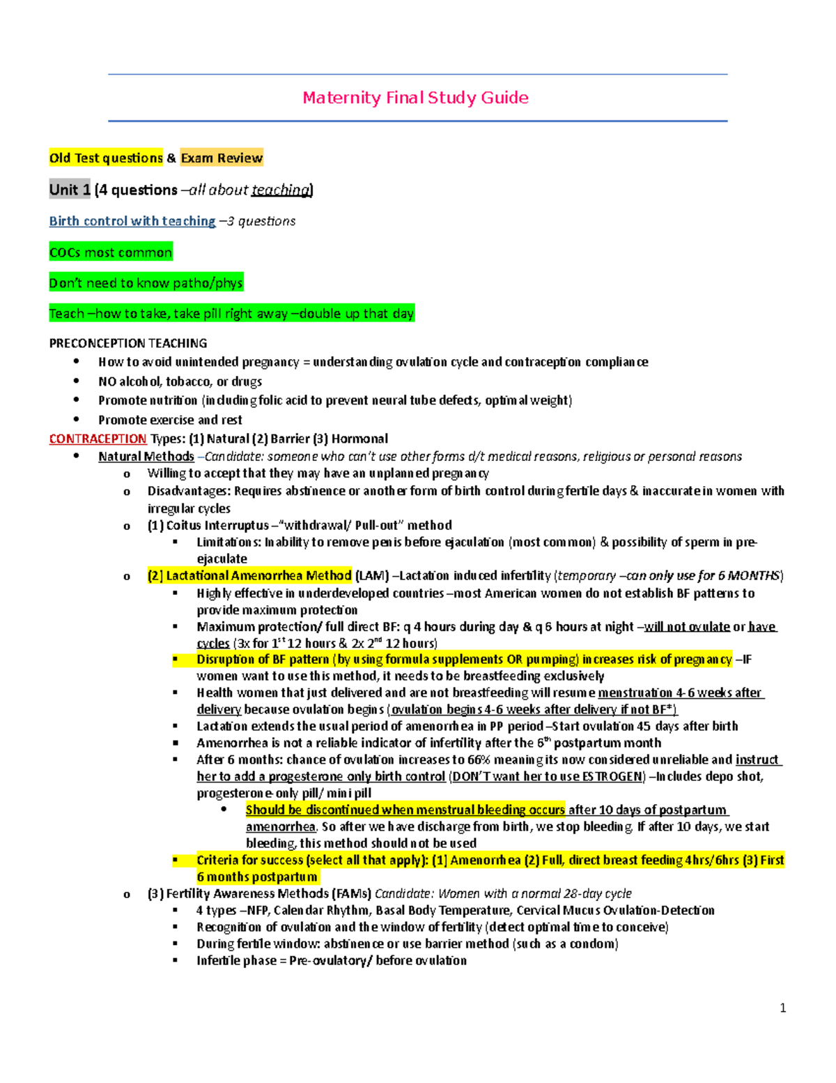 Maternity Course Maternity Final Exam Study Guide - Contraception ...