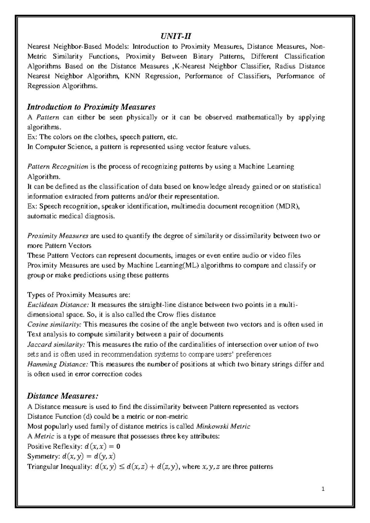 UNIT-2 ML AI&ML R23 - Proximity Measures and Classification Algorithms ...
