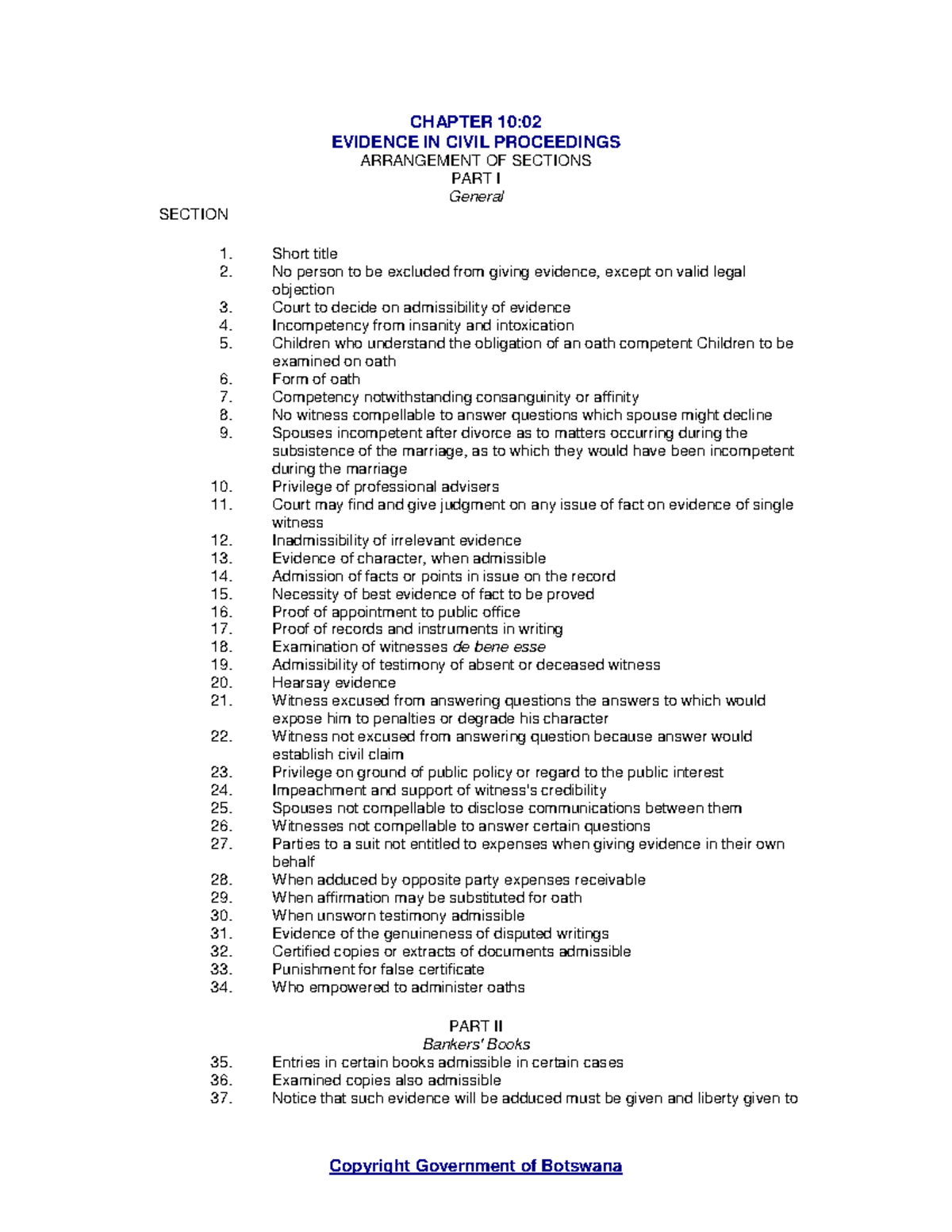 CHAPTER 10:02 EVIDENCE IN CIVIL PROCEEDINGS - ARRANGEMENT OF SECTIONS ...