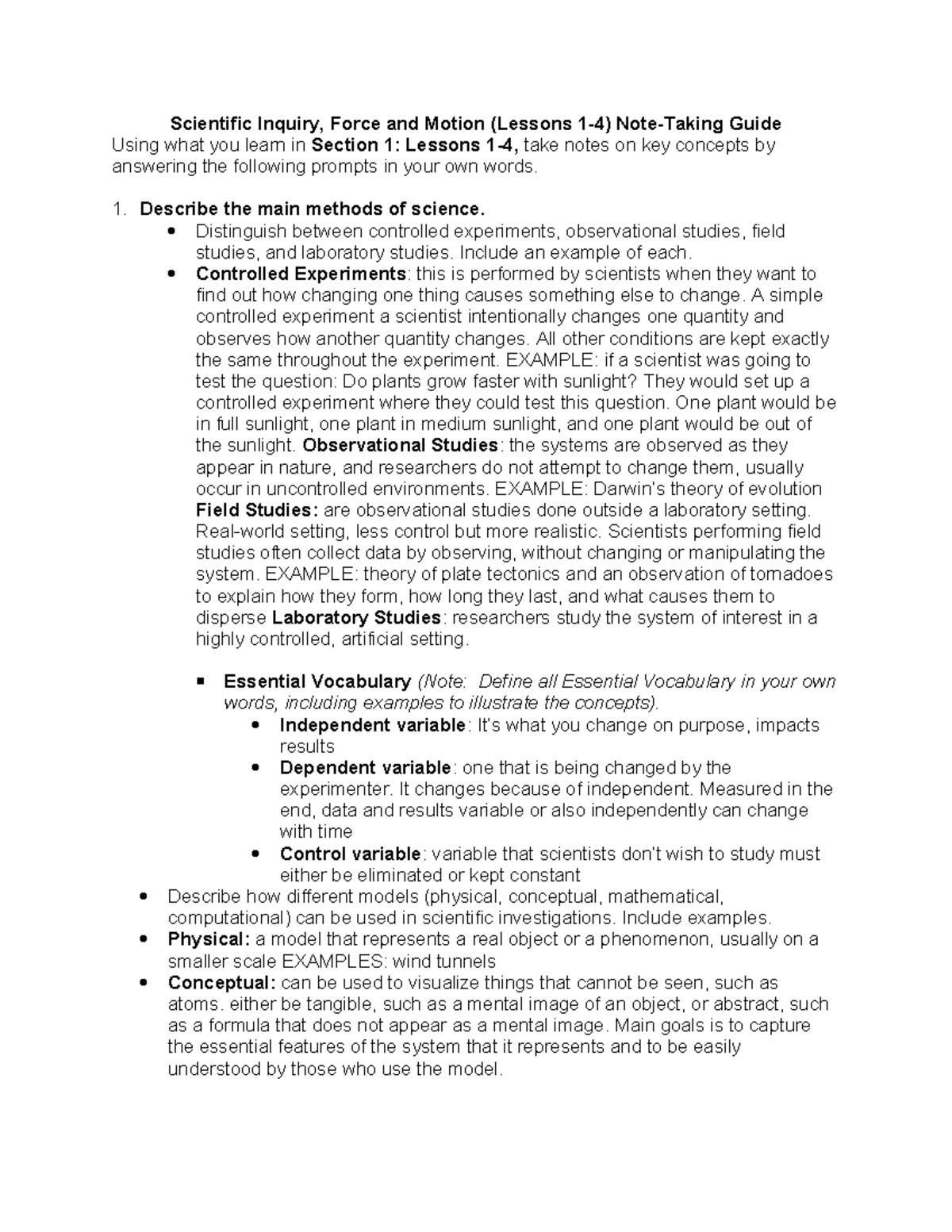 Physics Integrated Physical Science (Lessons Guide on Force and Motion ...