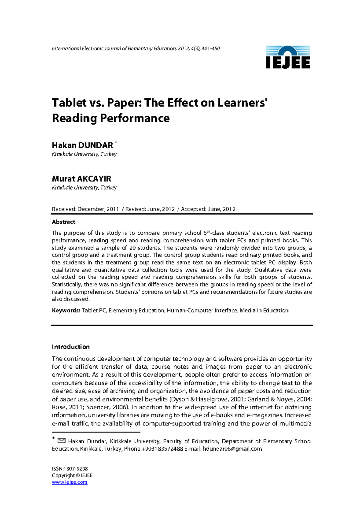 Tablet vs. Paper: Reading Performance in Elementary Ed. (IEJEE 2012 ...