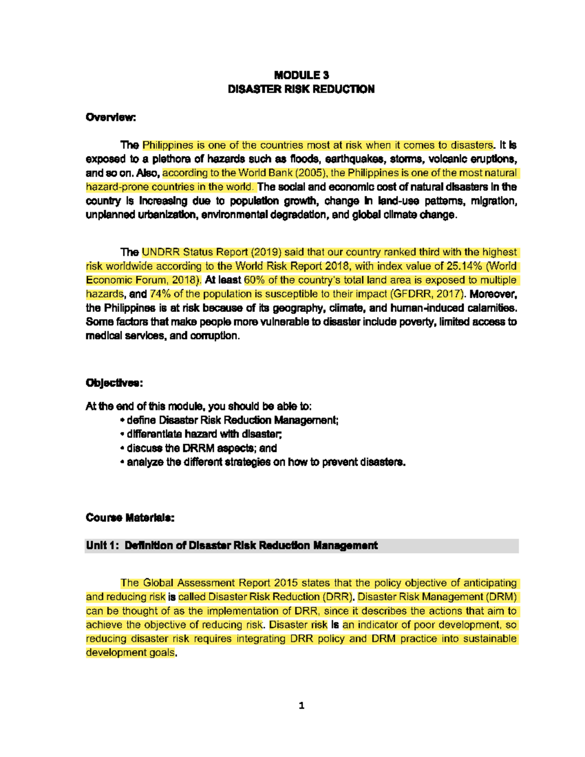 Cwts module 4 - MODULE 3 DISASTER RISK REDUCTION Overview: The ...