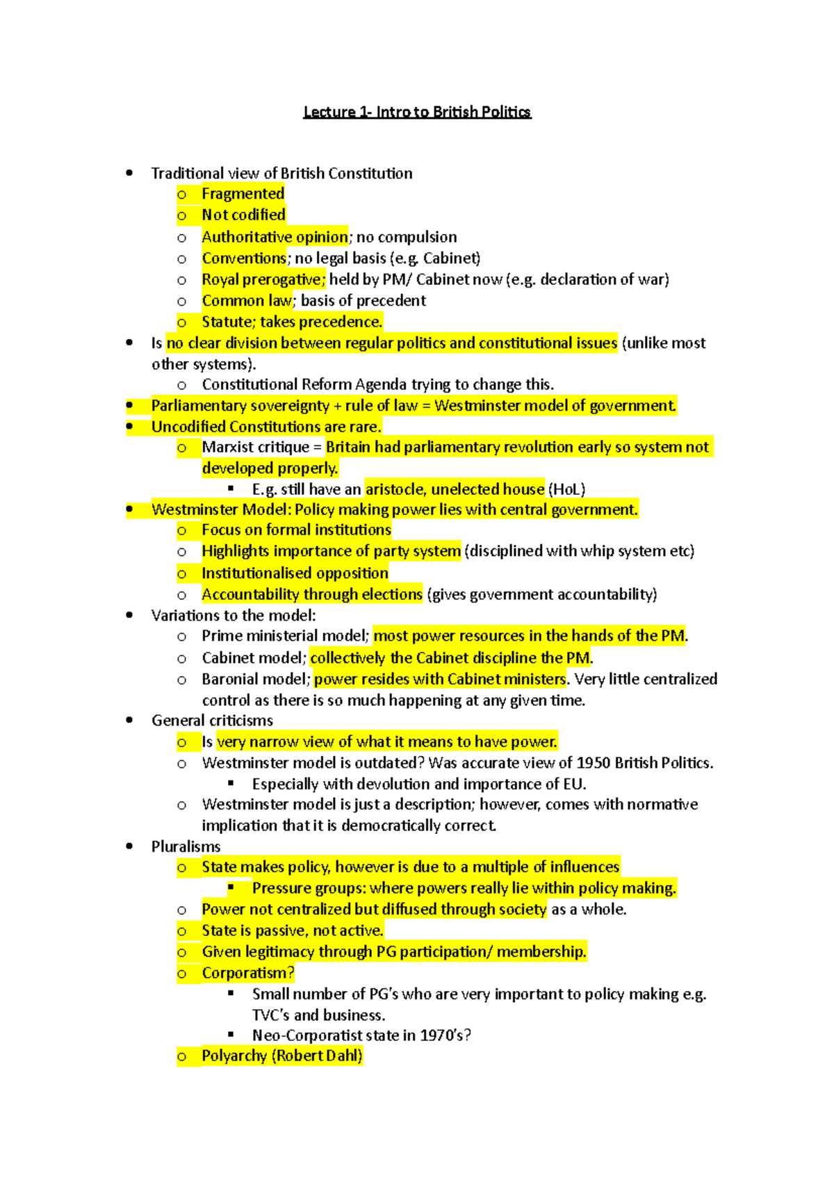 L1-Intro to British Politics - Lecture 1- Intro to British Politics ...