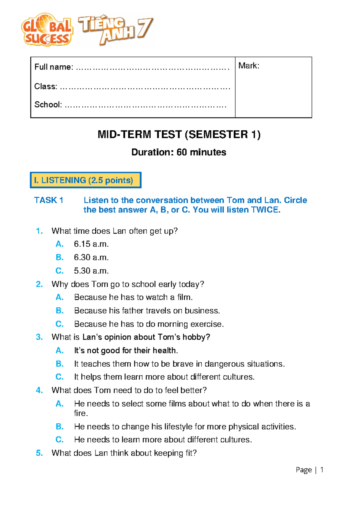 MID-TERM TEST 1 (SEMESTER 1) - Listening, Reading, Writing, Language ...