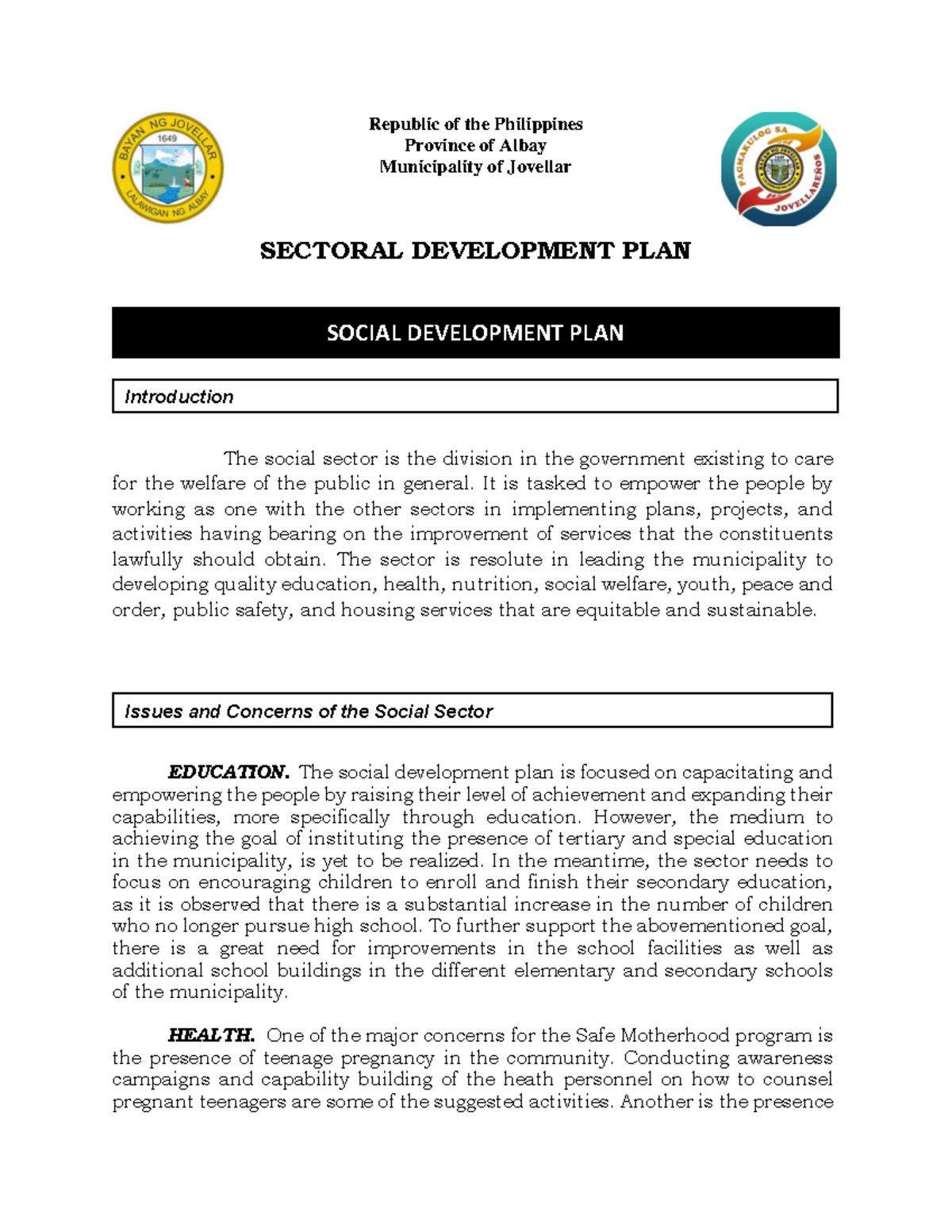 Jovellar Socio Economic Development PLAN - Republic of the Philippines ...