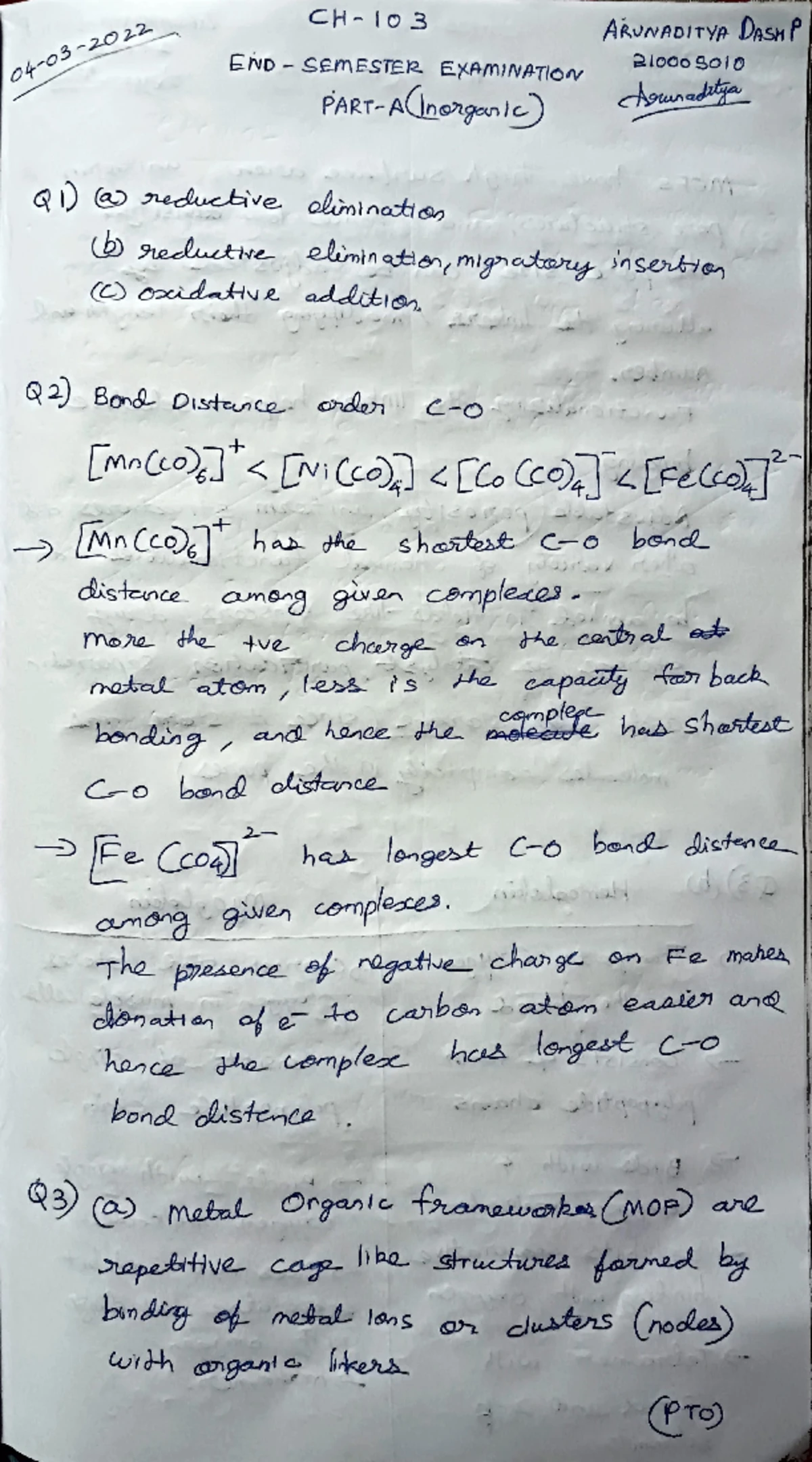 End-Semester Answer Sheet Part B CH-103 2022 - CH-03 ENo-SamESTER Ex AM ...