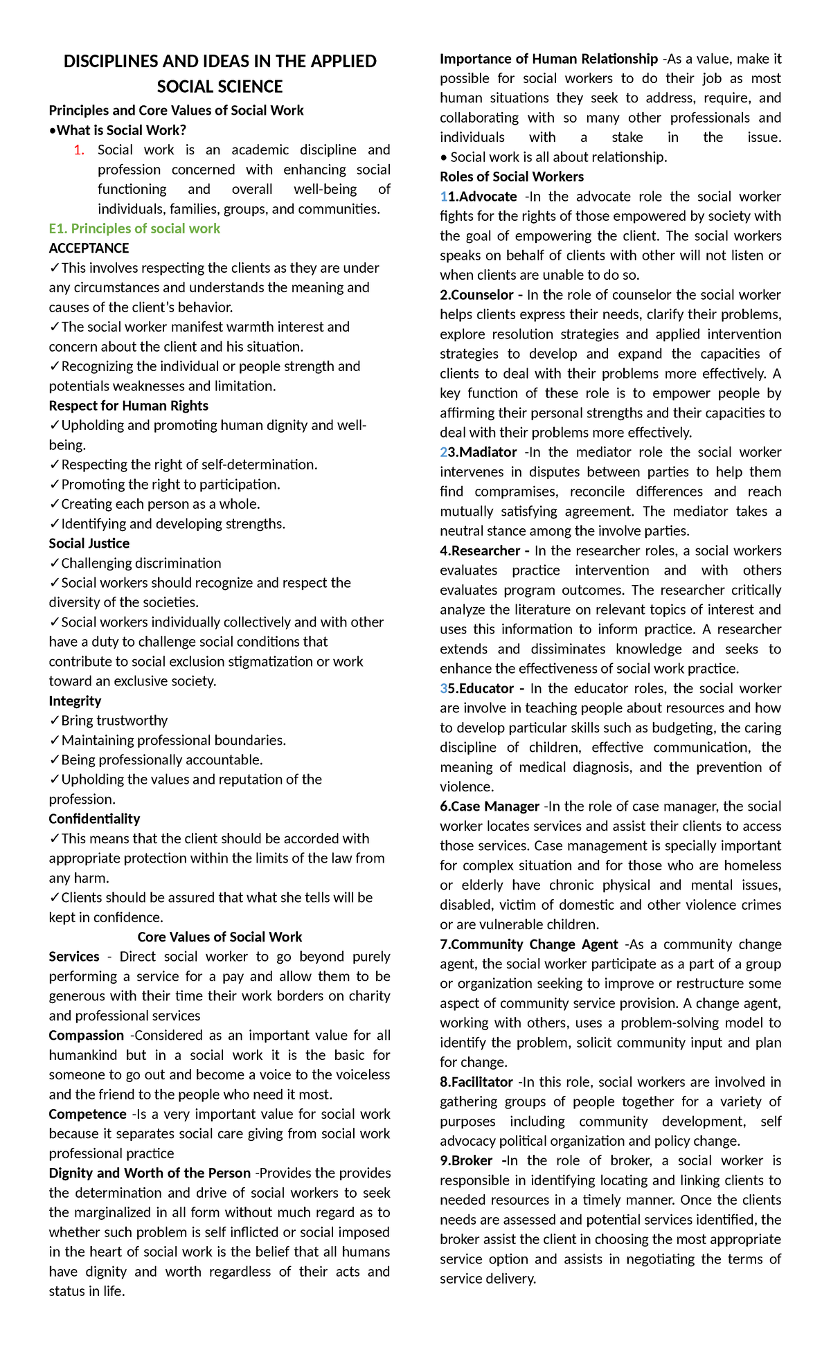 Q2- Social Work Principles and Core Values Lesson Notes - Studocu