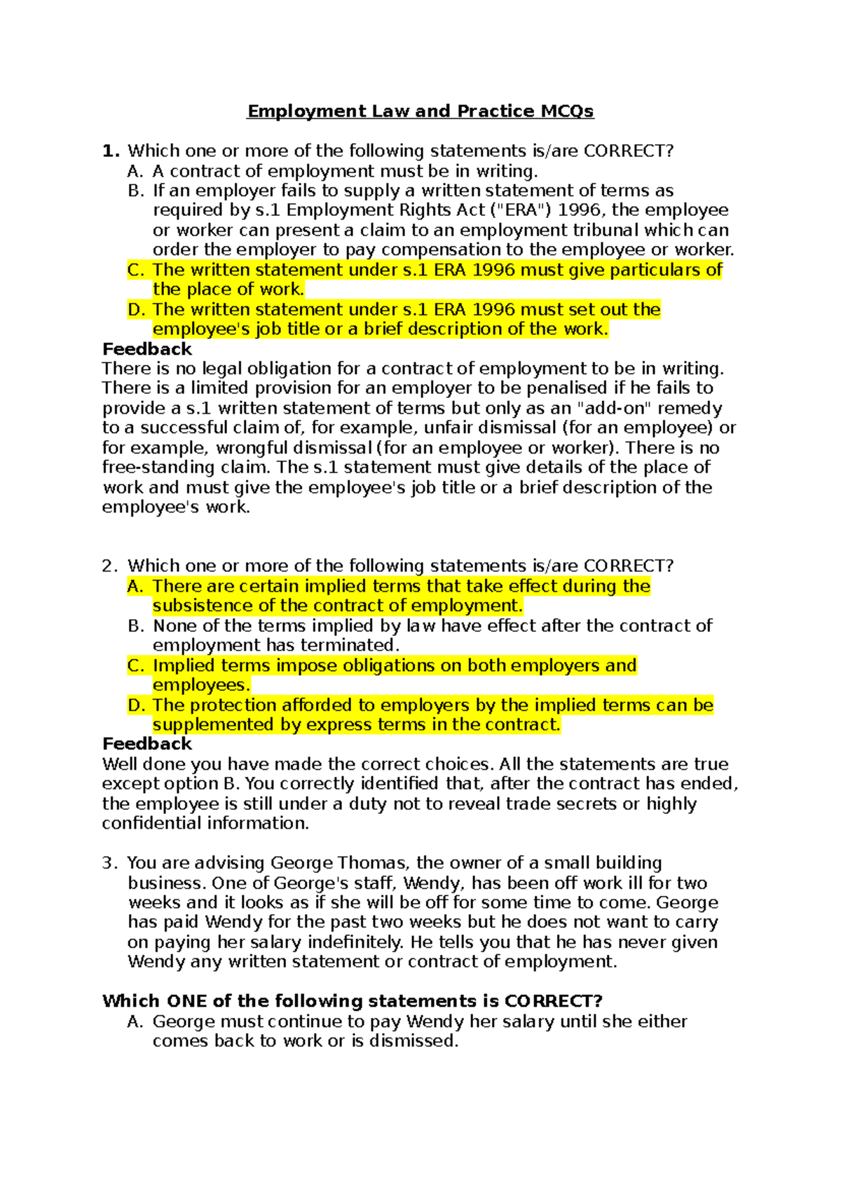 Employment Law MCQs: Key Concepts and Case Studies - Studocu