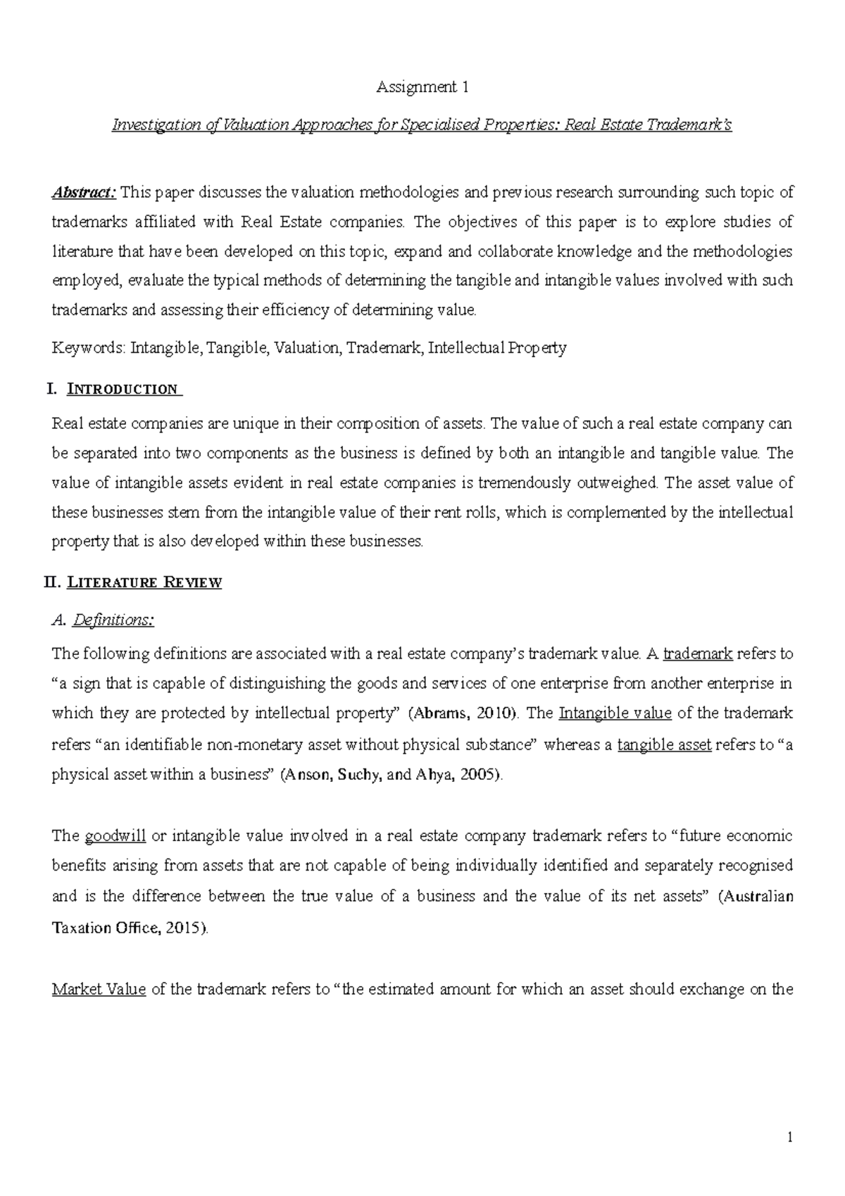 Specialised Property Valuation 300 - Assignment 1: Valuation Approaches  Analysis - Studocu