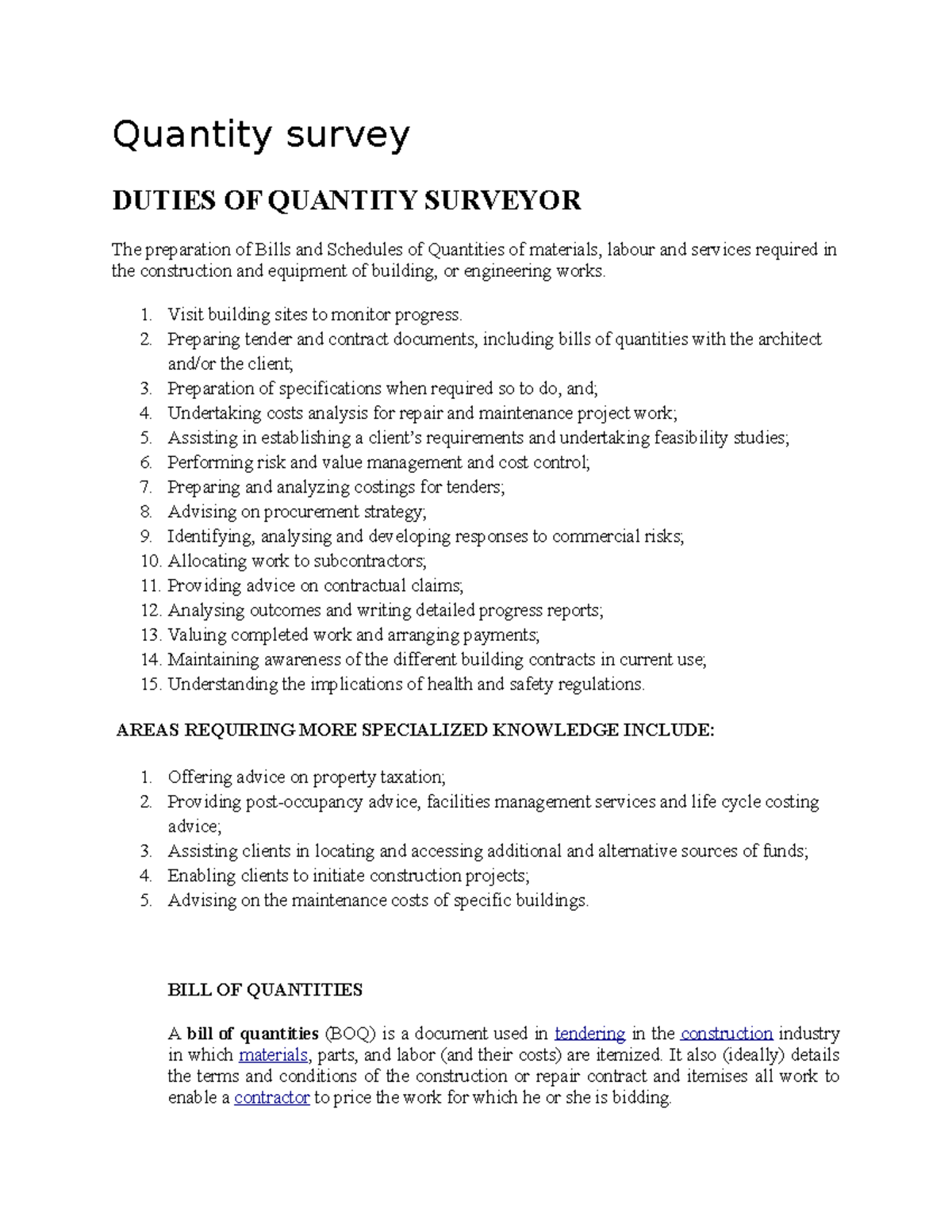Quantity Survey 3 - Comprehensive Student Notes on BOQ and Yield - Studocu