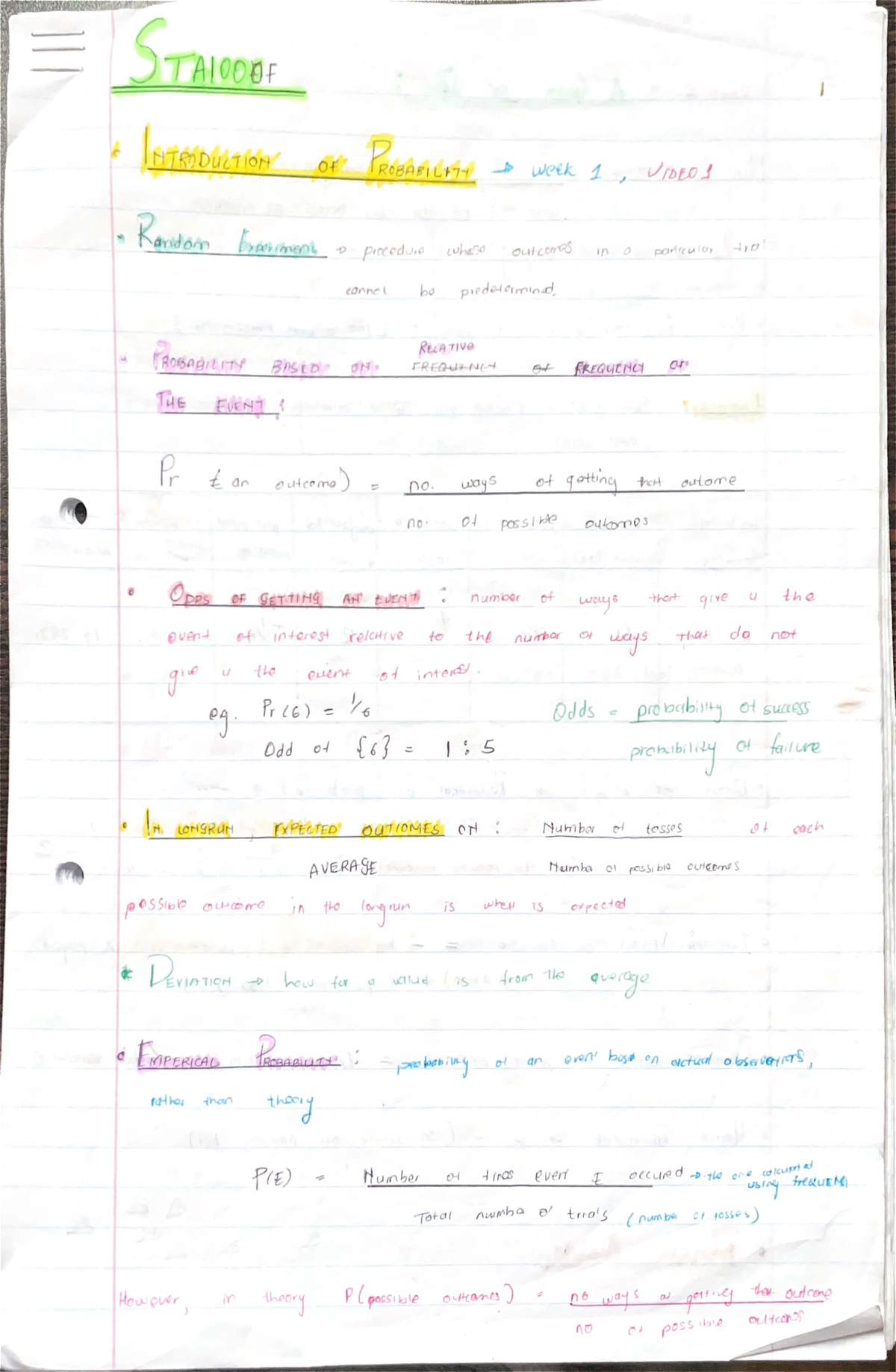 Probability Notes: Week 1 - Random Experiments & Outcomes - Studocu