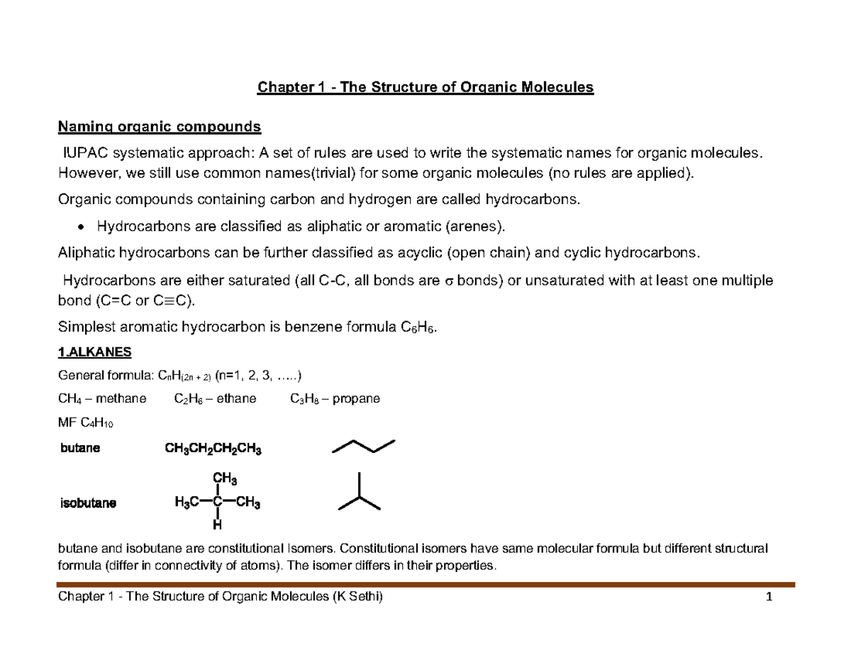 Chapter 1: Structure of Organic Molecules & IUPAC Naming (K Sethi ...