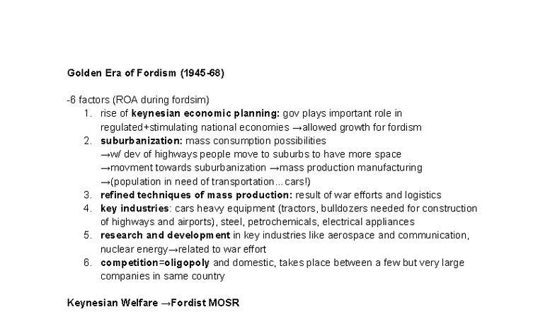 Fordism Lecture Notes: Key Factors and Economic Impacts - Studocu