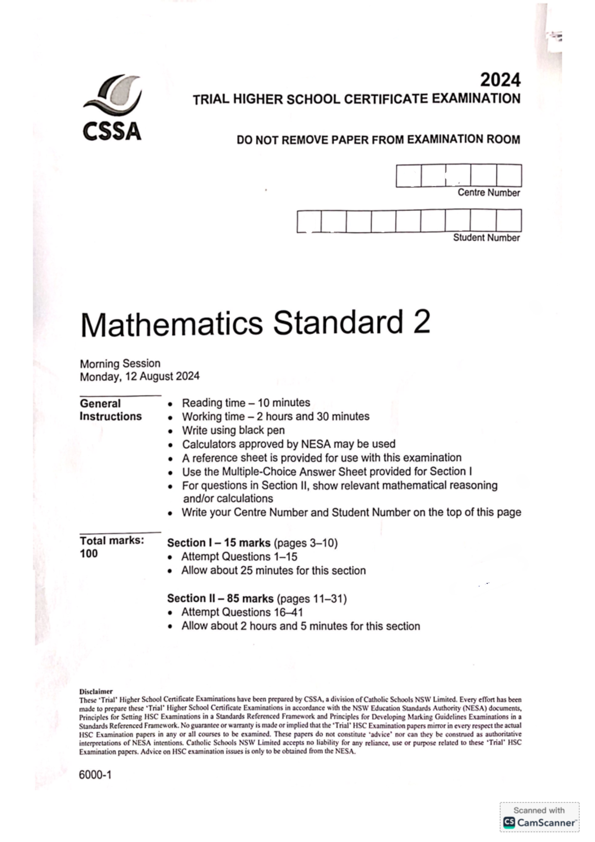 Maths standard 2 2024 cssa - 2024 TRIAL HIGHER SCHOOL CERTIFICATE ...