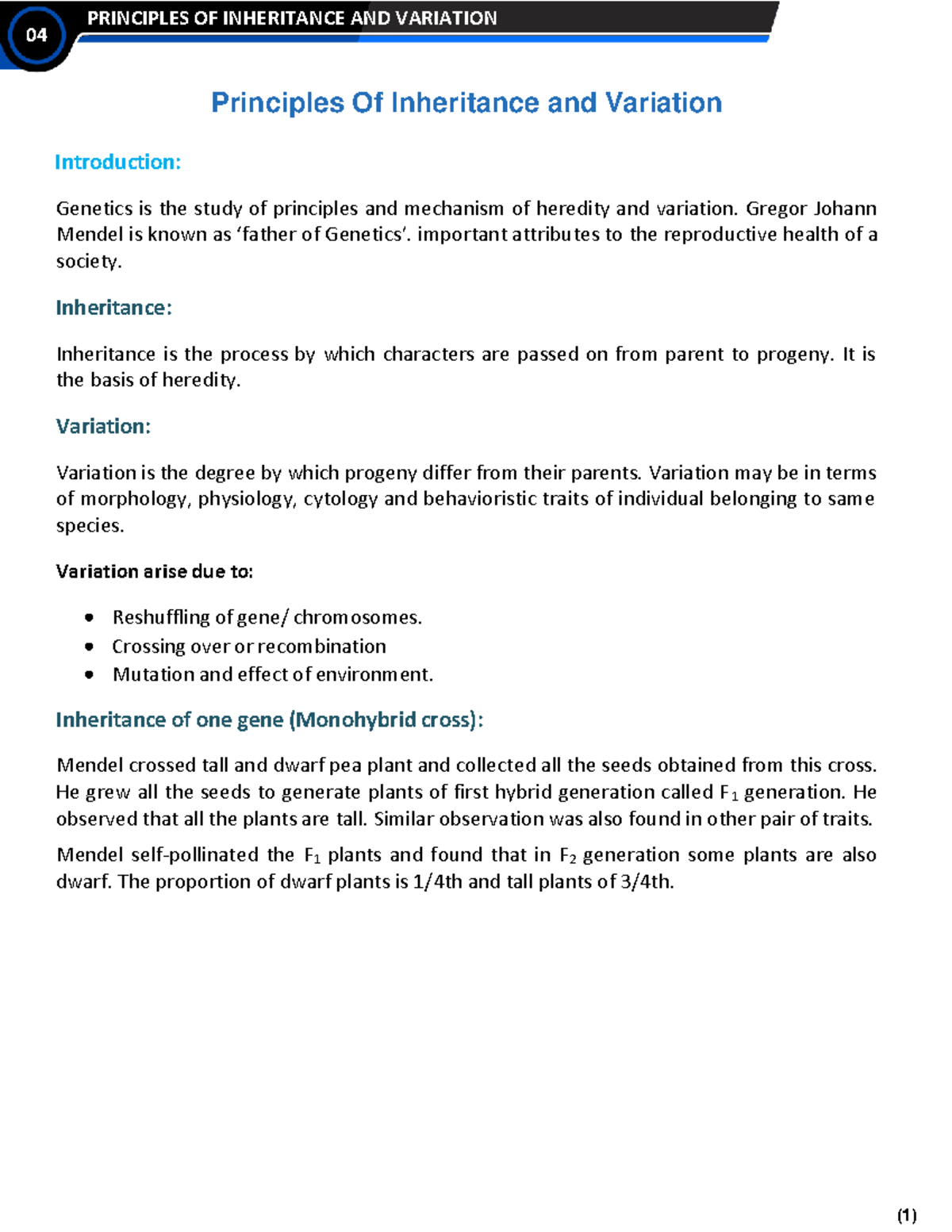 04 PRINCIPLES OF INHERITANCE AND VARIATION: Comprehensive Notes - Studocu