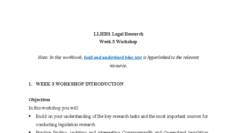 LLH201 Legal Research Week 3 Workshop Notes and Resources - Studocu
