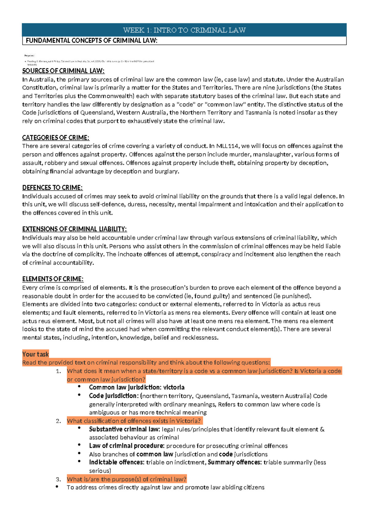 WEEK 1: MLL114 Intro to Criminal Law - Key Concepts & Case Study - Studocu