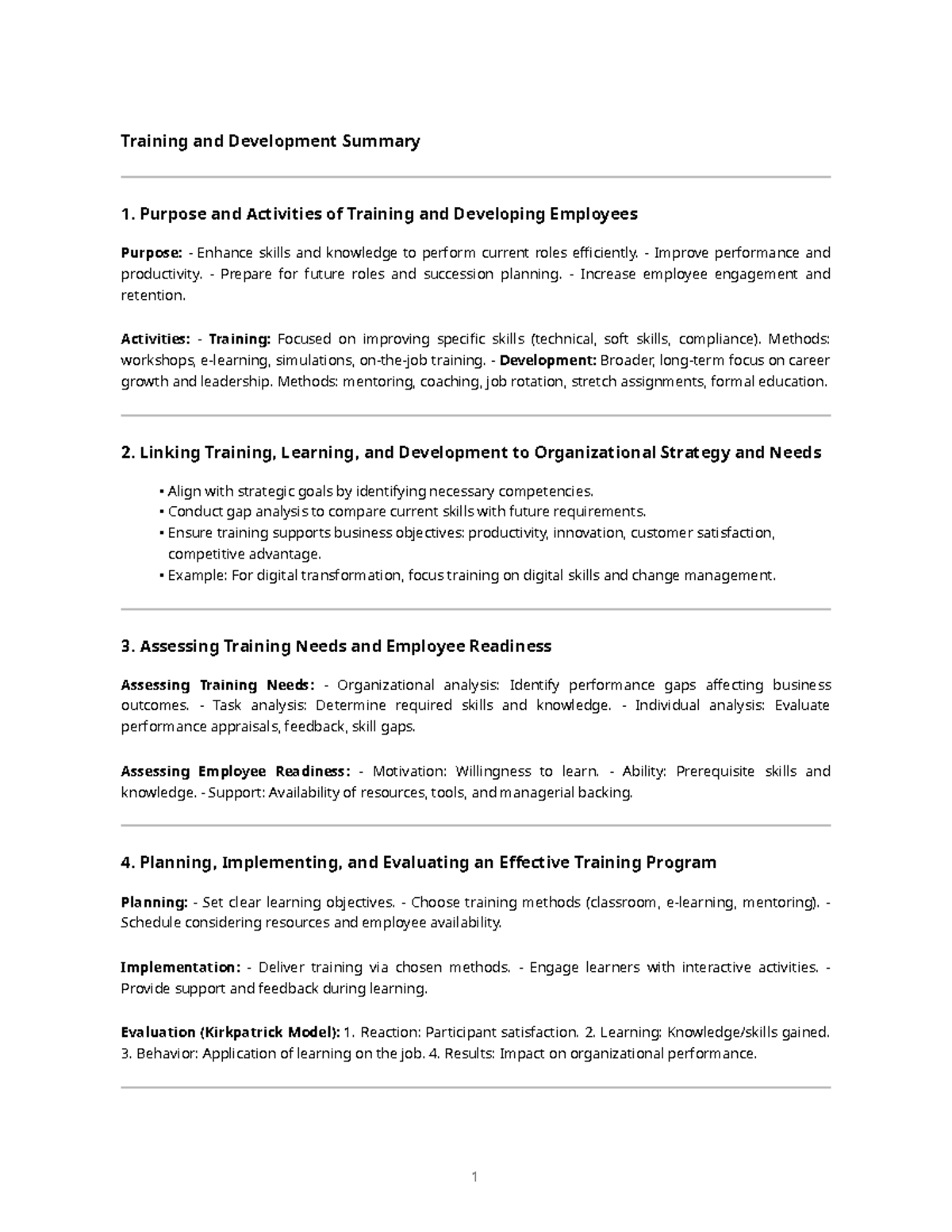 Training and Development Summary: Enhancing Employee Skills and ...