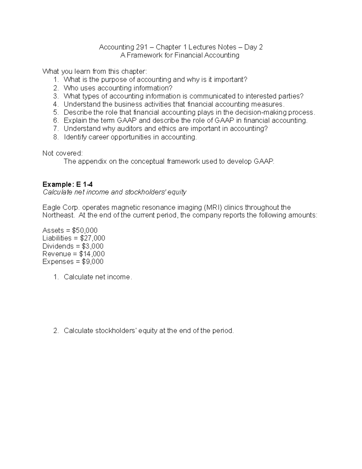 ACCT 291 Chapter 1 Lecture Notes - Framework for Financial Accounting ...