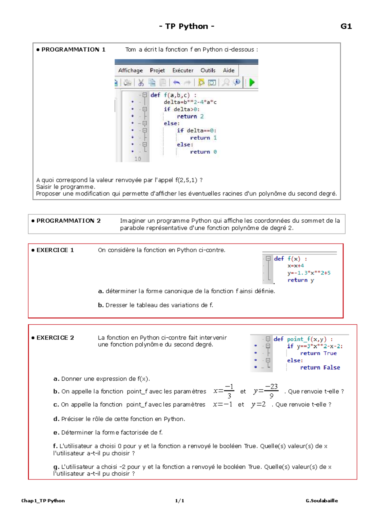 G1 TP Python 1 - Exercices sur les Fonctions et Polynômes - Studocu
