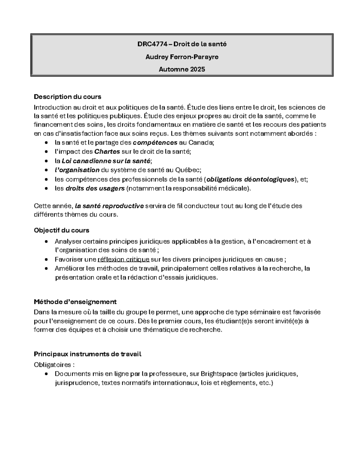 DRC4774 Droit de la santé - Plan de cours Automne 2025 - Studocu