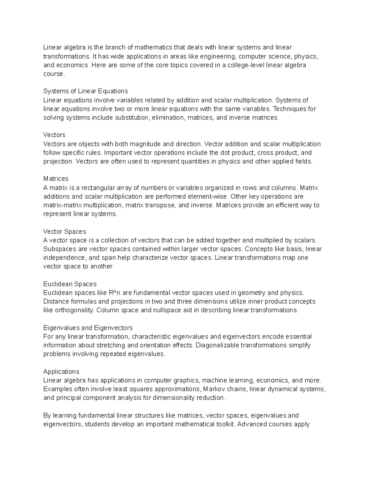 Linear Algebra Notes: Essential Topics for Understanding Concepts - Studocu