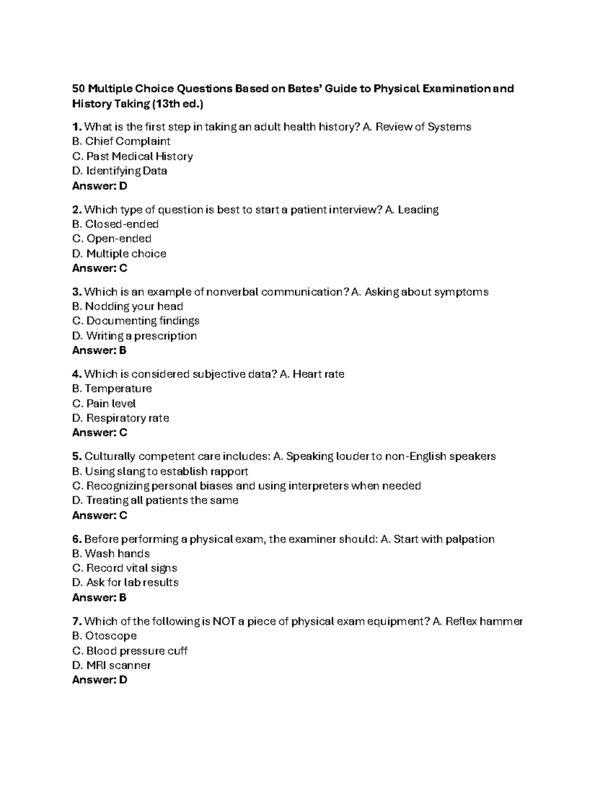 Practice Test: 50 MCQs on Physical Examination & History Taking (13th ...