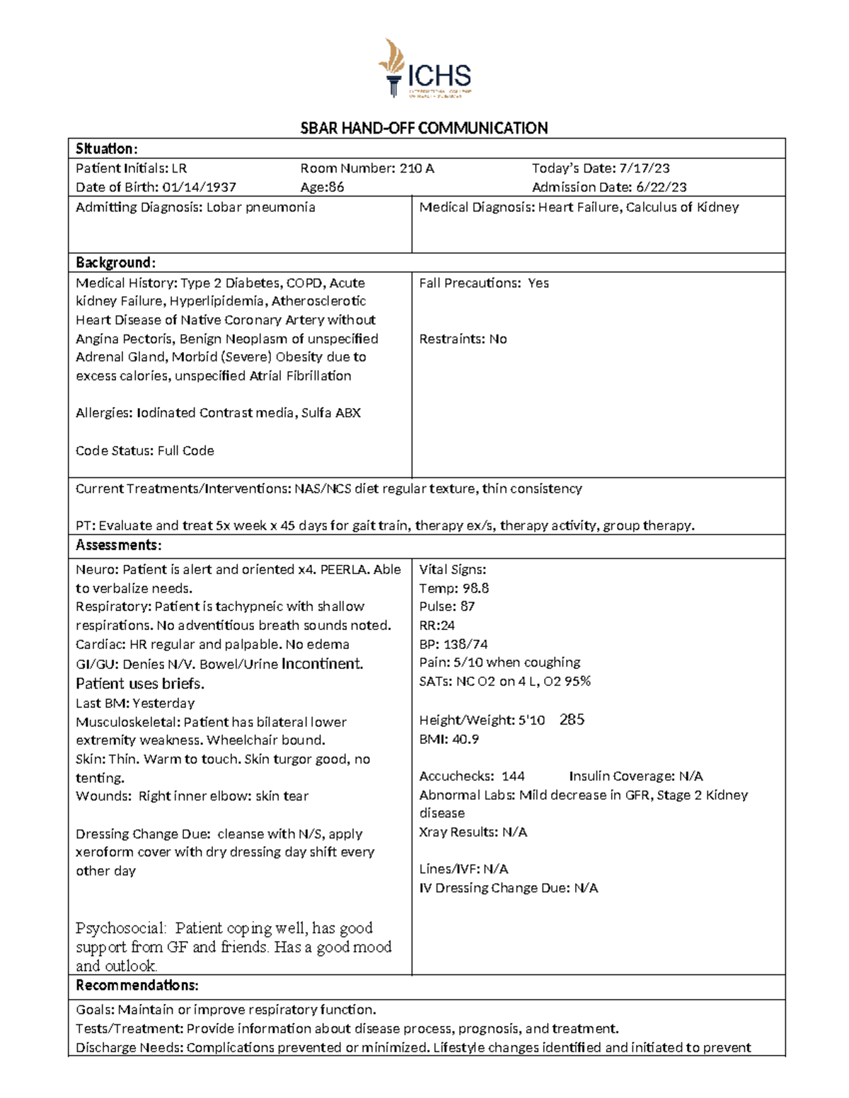 SBAR Communication & Care Plan for Patient LR (Med-Surg 1) - Studocu
