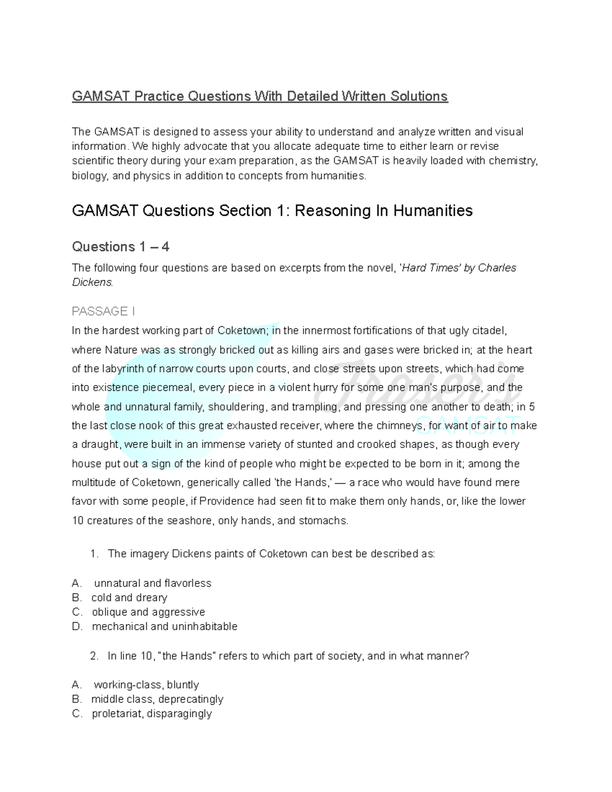 GAMSAT Practice Questions - Free Resource 119 with Solutions - Studocu