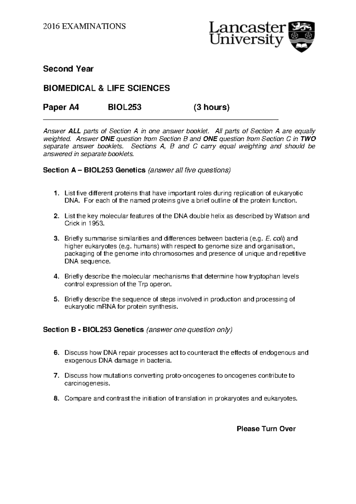 Paper A4 BIOL253 2016 Final - 2016 EXAMINATIONS Second Year BIOMEDICAL ...