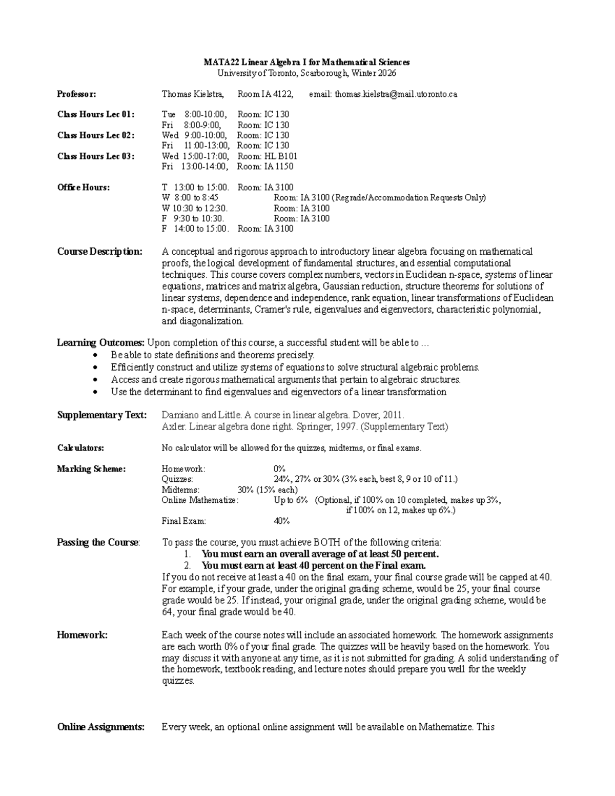Syllabus Overview for MATA22: Linear Algebra I - Winter 2026 - Studocu