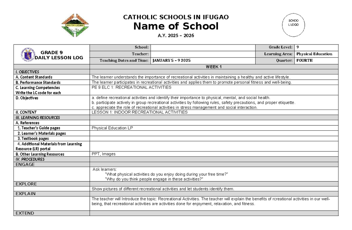 PE9 DLL W1 Q4 - Daily Lesson Log for Grade 9 Physical Education - Studocu