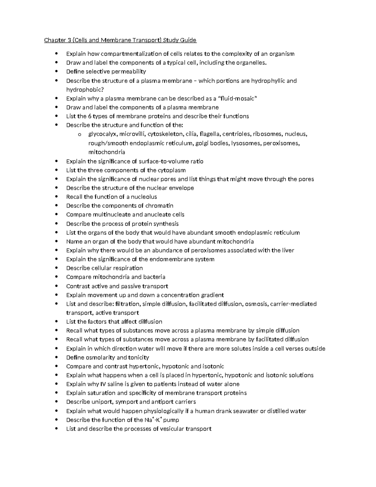 Chapter 3 (Cells & Membrane Transport) Study Guide & Review Notes - Studocu