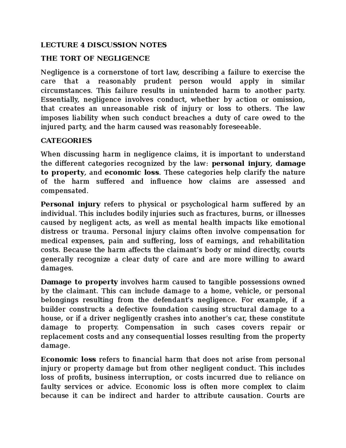 LECTURE 4 DISCUSSION NOTES: THE TORT OF NEGLIGENCE - Studocu